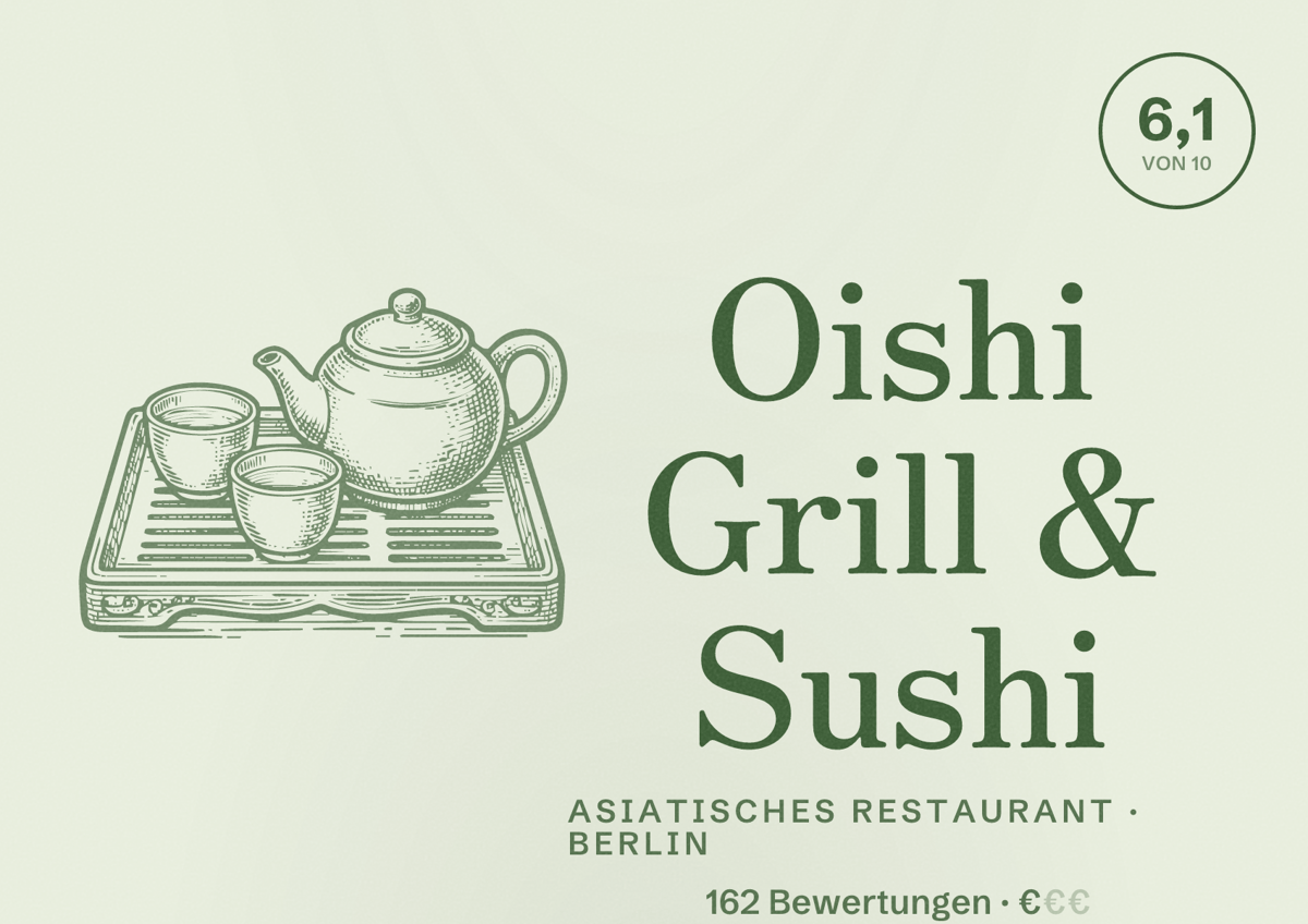 Illustriertes Poster von Oishi Grill & Sushi, Asiatisches Restaurant in Berlin: Bewertung 6,1 von 10 aus 162 Bewertungen, Preisniveau €