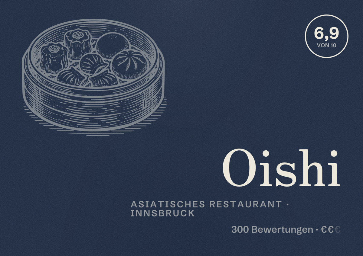 Illustriertes Poster von Oishi, Asiatisches Restaurant in Innsbruck: Bewertung 6,9 von 10 aus 300 Bewertungen, Preisniveau €€