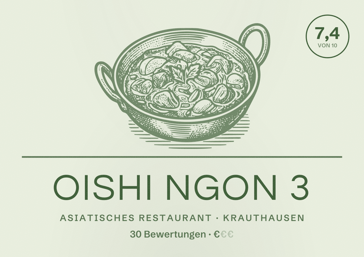 Illustriertes Poster von Oishi Ngon 3, Asiatisches Restaurant in Krauthausen: Bewertung 7,4 von 10 aus 30 Bewertungen, Preisniveau €
