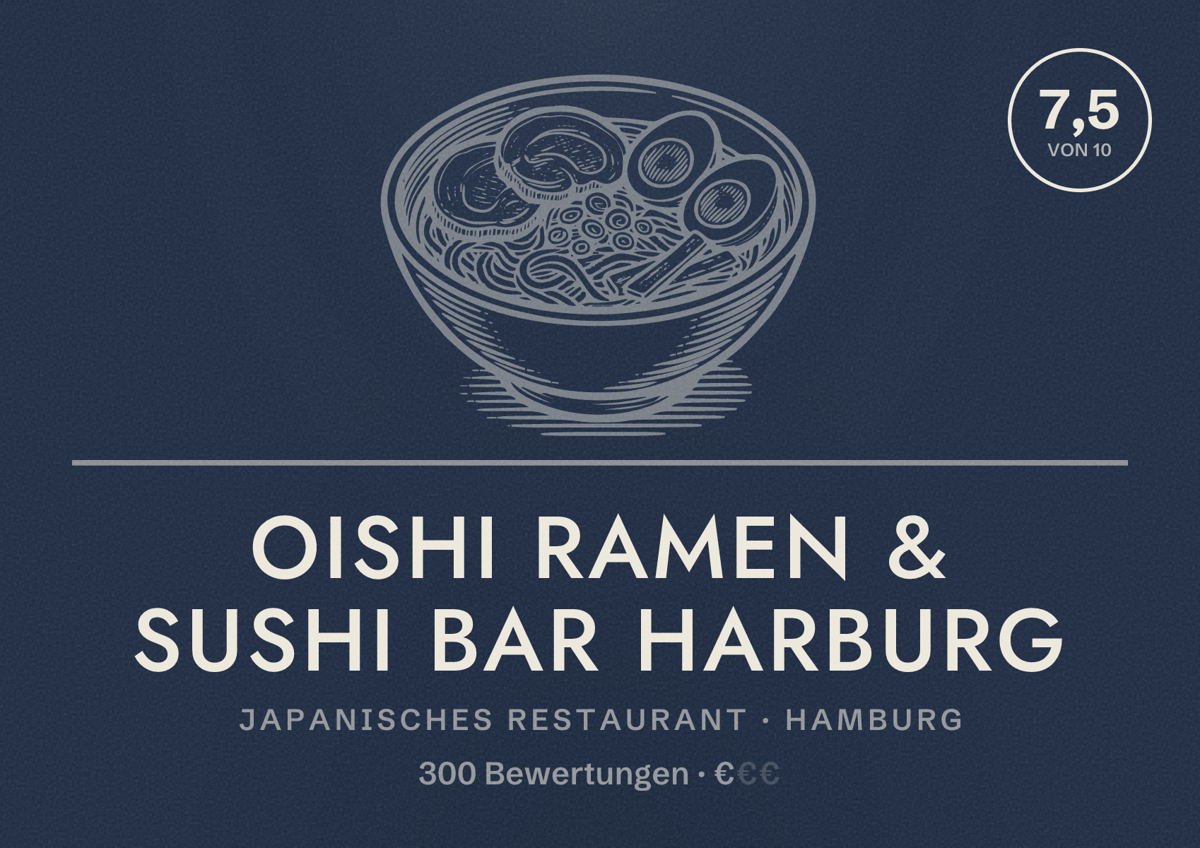 Illustriertes Poster von OISHI Ramen & Sushi Bar Harburg, Japanisches Restaurant in Hamburg: Bewertung 7,5 von 10 aus 300 Bewertungen, Preisniveau €