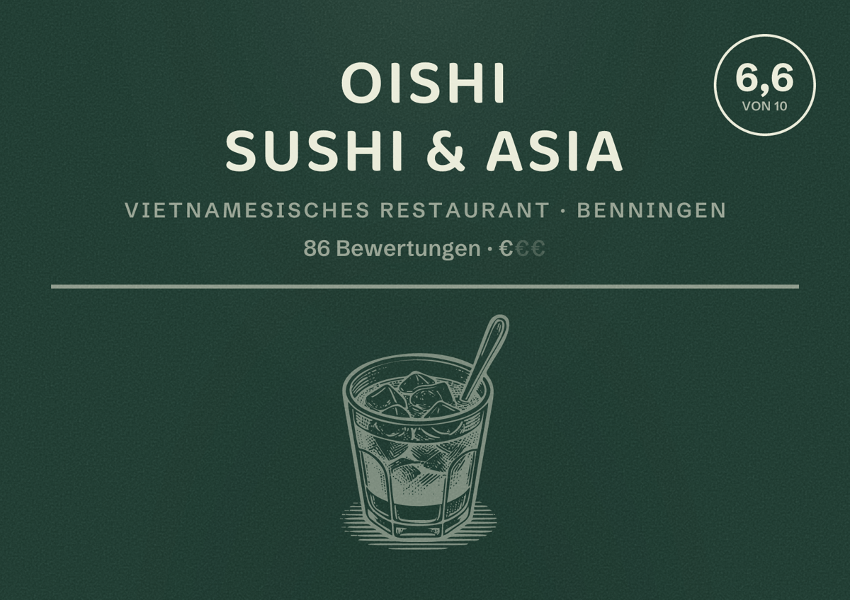 Illustriertes Poster von Oishi Sushi & Asia, Vietnamesisches Restaurant in Benningen: Bewertung 6,6 von 10 aus 86 Bewertungen, Preisniveau €