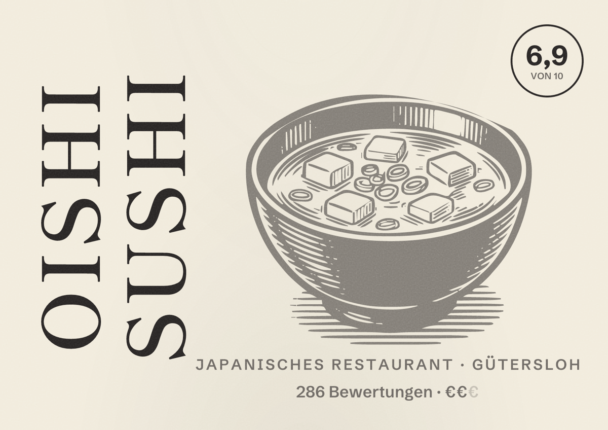 Illustriertes Poster von Oishi Sushi, Japanisches Restaurant in Gütersloh: Bewertung 6,9 von 10 aus 286 Bewertungen, Preisniveau €€