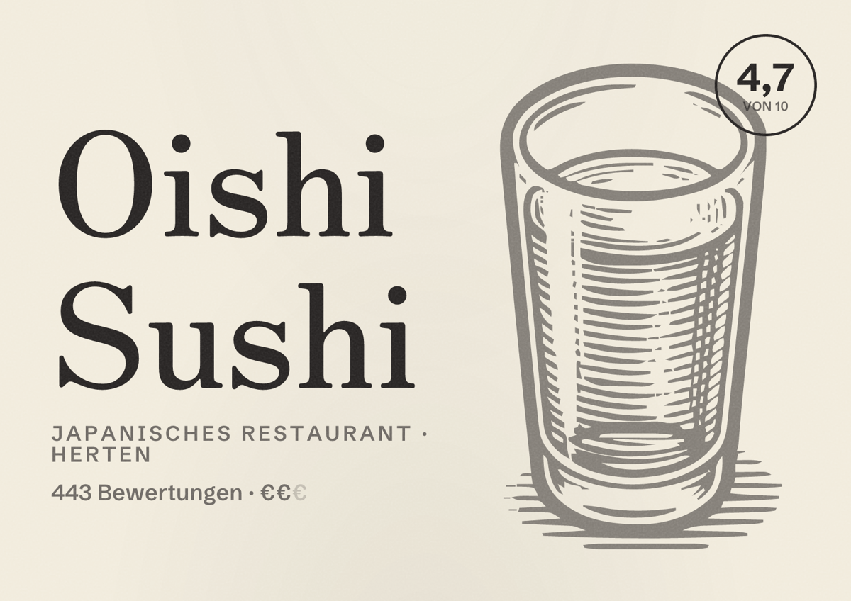 Illustriertes Poster von Oishi Sushi, Japanisches Restaurant in Herten: Bewertung 4,7 von 10 aus 443 Bewertungen, Preisniveau €€
