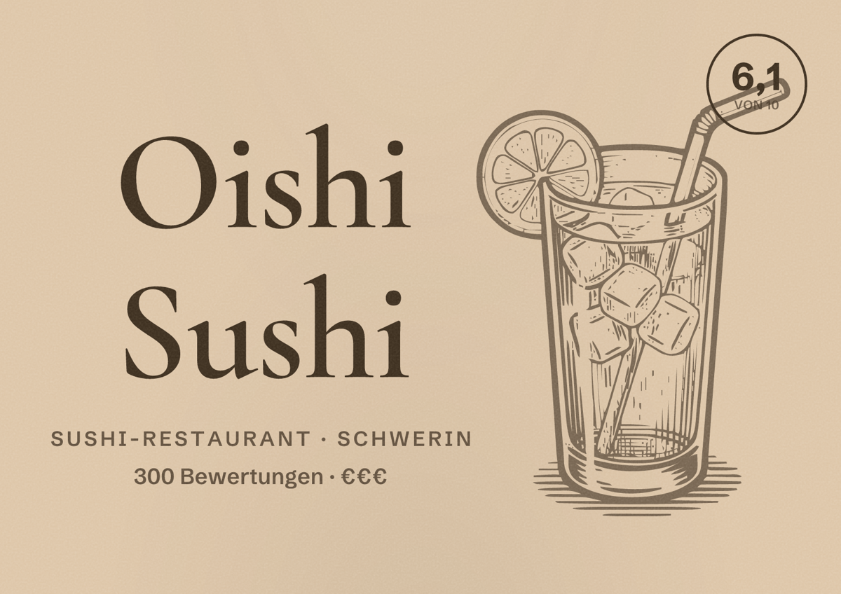 Illustriertes Poster von Oishi Sushi, Sushi-Restaurant in Schwerin: Bewertung 6,1 von 10 aus 300 Bewertungen, Preisniveau €€€