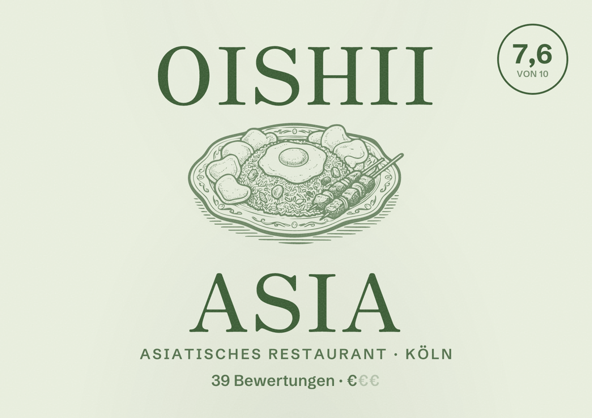 Illustriertes Poster von Oishii Asia, Asiatisches Restaurant in Köln: Bewertung 7,6 von 10 aus 39 Bewertungen, Preisniveau €