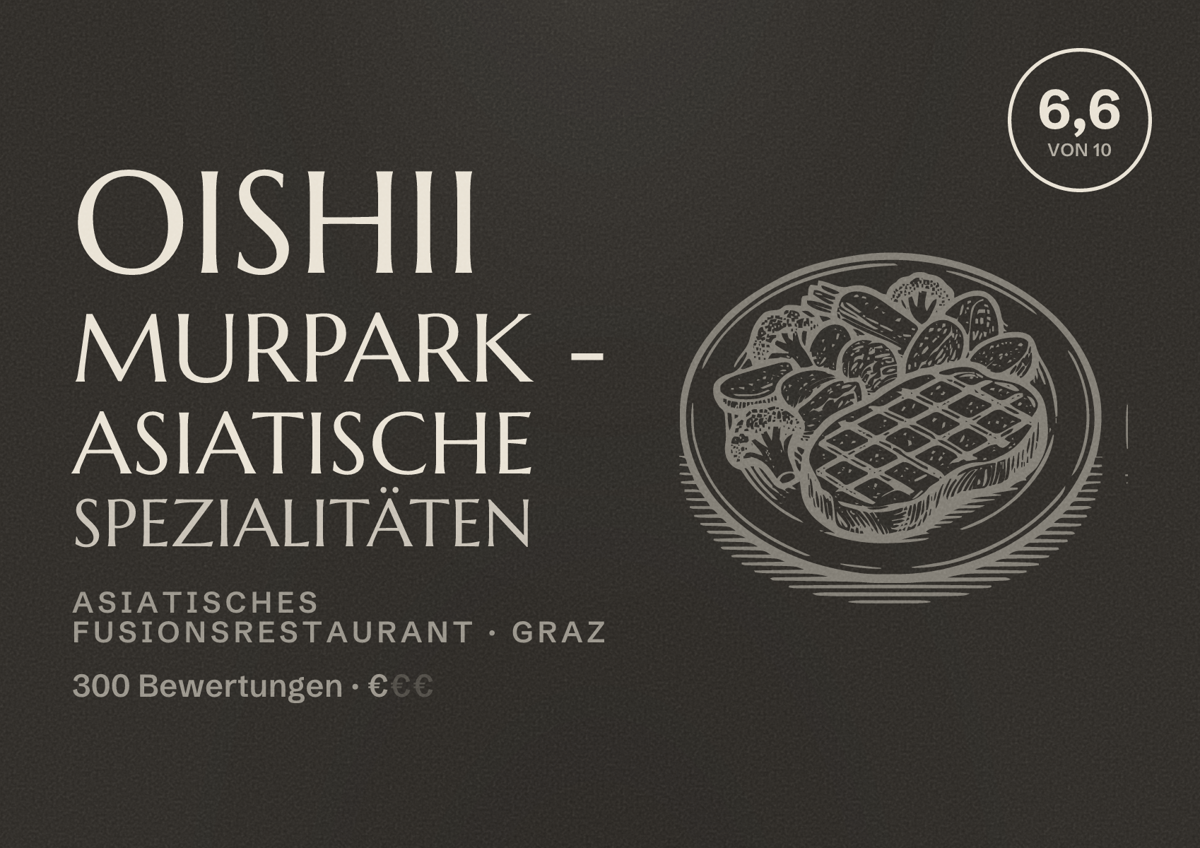 Illustriertes Poster von Oishii Murpark - Asiatische Spezialitäten, Asiatisches Fusionsrestaurant in Graz: Bewertung 6,6 von 10 aus 300 Bewertungen, Preisniveau €