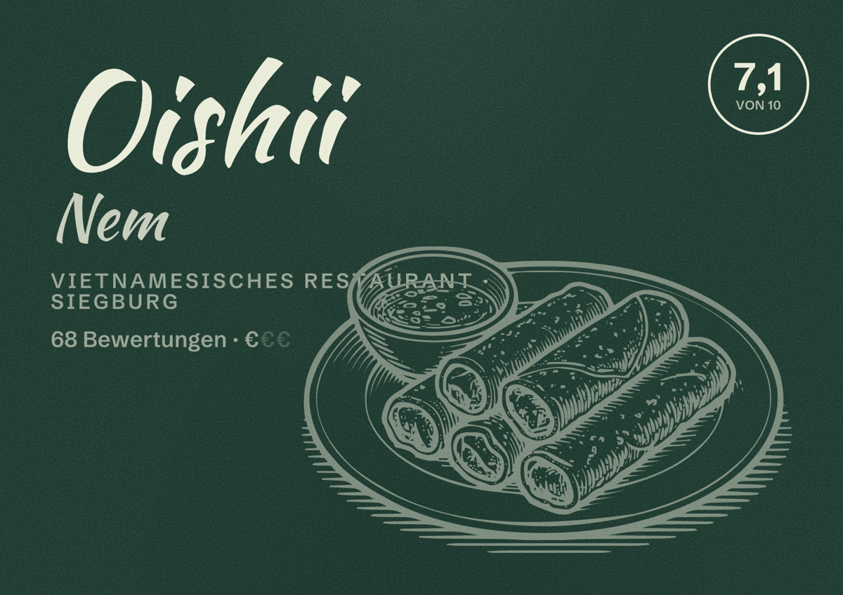 Illustriertes Poster von Oishii Nem, Vietnamesisches Restaurant in Siegburg: Bewertung 7,1 von 10 aus 68 Bewertungen, Preisniveau €