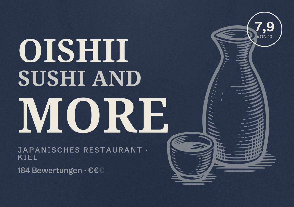 Illustriertes Poster von Oishii Sushi and More, Japanisches Restaurant in Kiel: Bewertung 7,9 von 10 aus 184 Bewertungen, Preisniveau €€