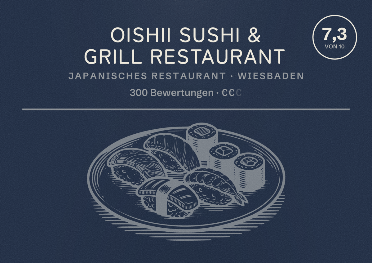 Illustriertes Poster von Oishii Sushi & Grill Restaurant, Japanisches Restaurant in Wiesbaden: Bewertung 7,3 von 10 aus 300 Bewertungen, Preisniveau €€