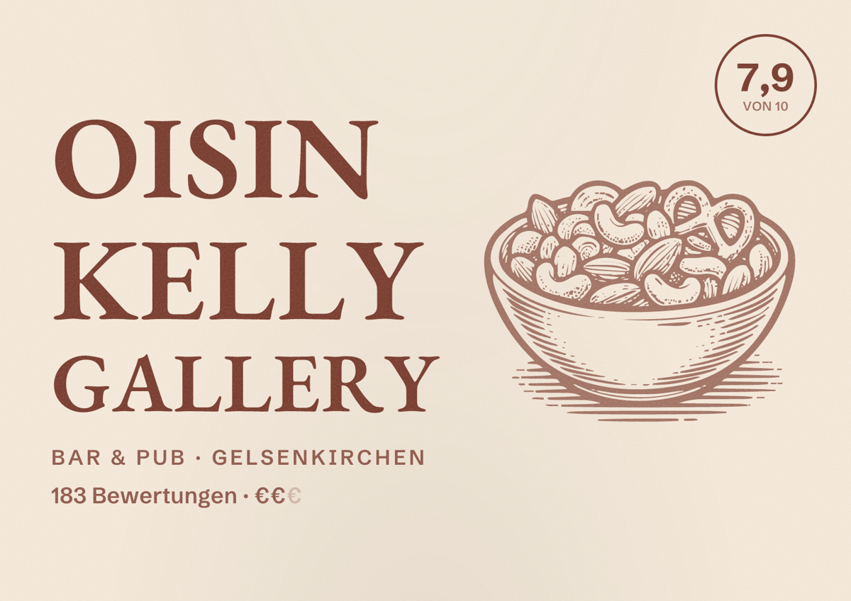 Illustriertes Poster von Oisin Kelly Gallery, Bar & Pub in Gelsenkirchen: Bewertung 7,9 von 10 aus 183 Bewertungen, Preisniveau €€