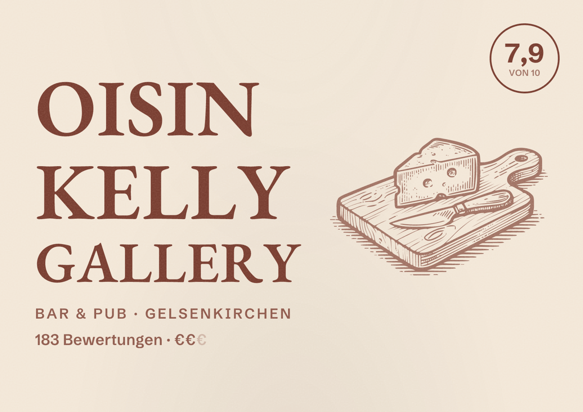Illustriertes Poster von Oisin Kelly Gallery, Bar & Pub in Gelsenkirchen: Bewertung 7,9 von 10 aus 183 Bewertungen, Preisniveau €€