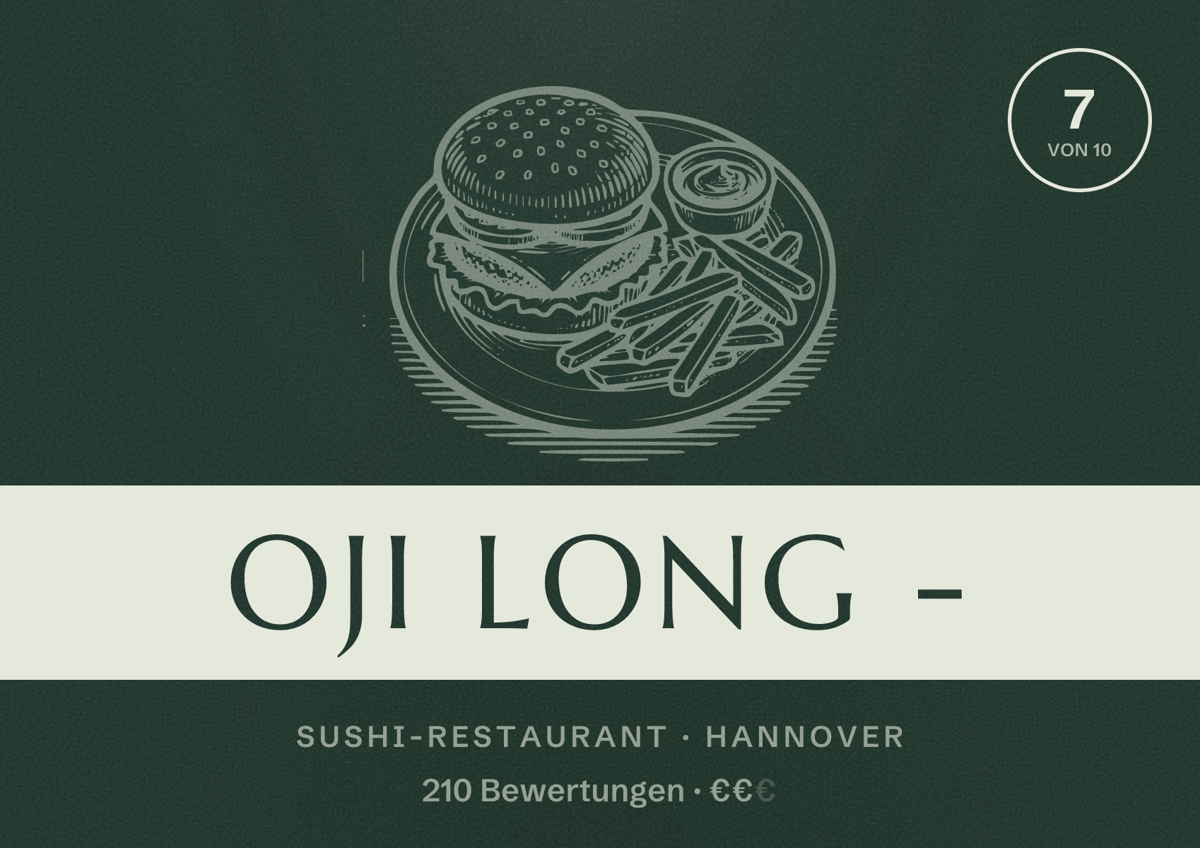 Illustriertes Poster von Oji Long -, Sushi-Restaurant in Hannover: Bewertung 7 von 10 aus 210 Bewertungen, Preisniveau €€