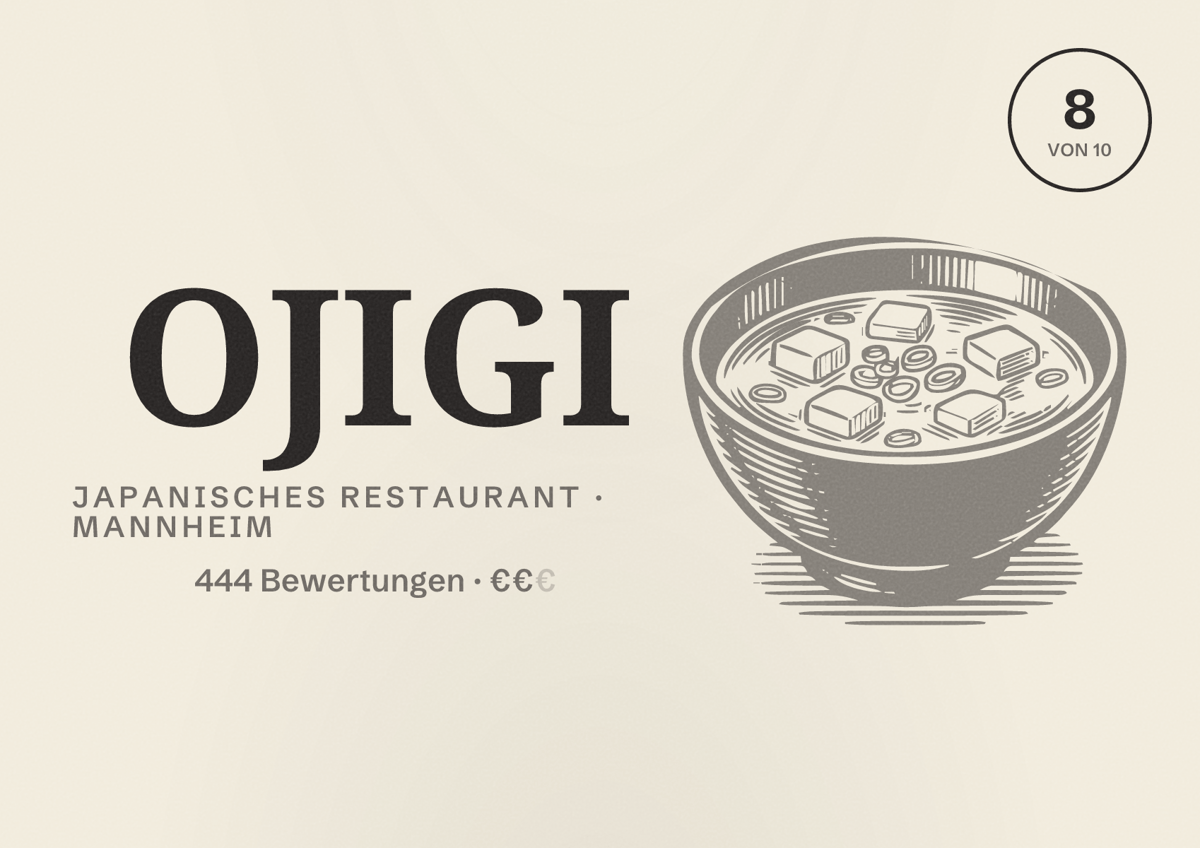 Illustriertes Poster von OJIGI, Japanisches Restaurant in Mannheim: Bewertung 8 von 10 aus 444 Bewertungen, Preisniveau €€