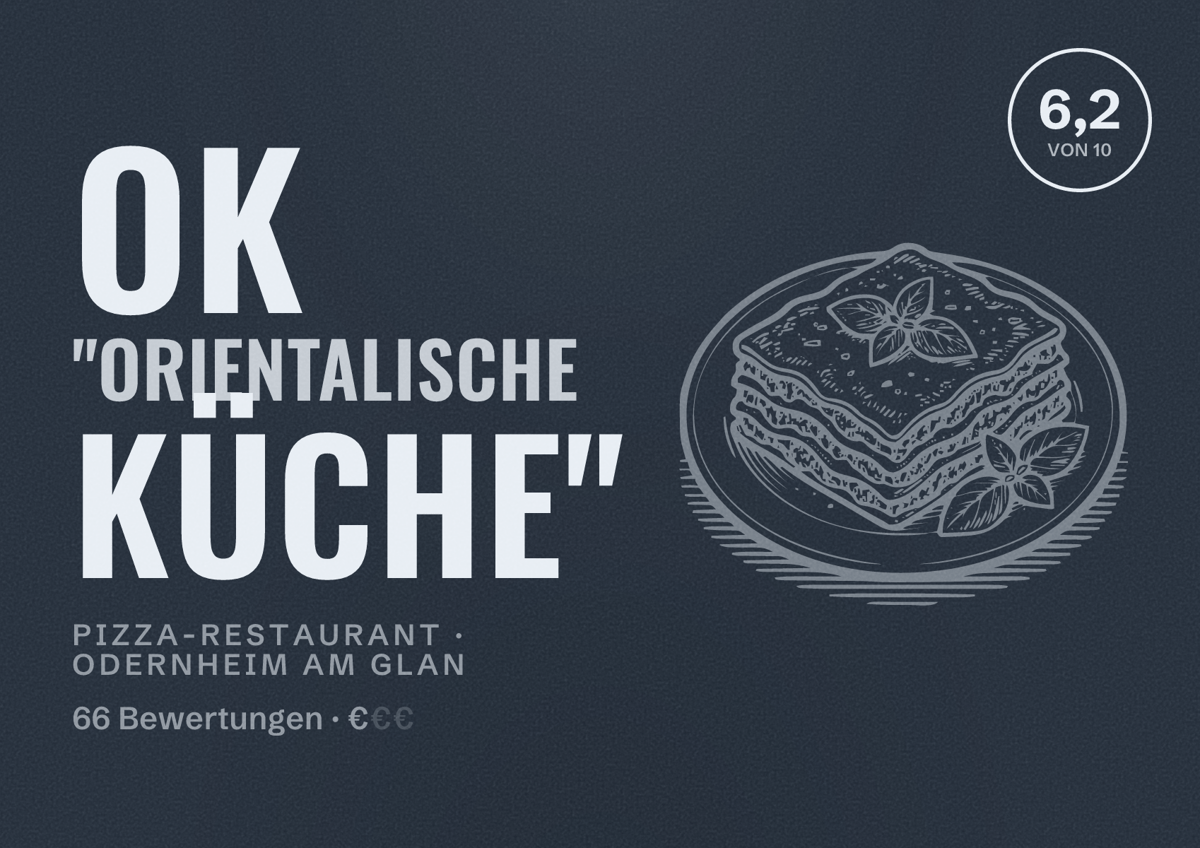 Illustriertes Poster von OK "Orientalische Küche", Pizza-Restaurant in Odernheim am Glan: Bewertung 6,2 von 10 aus 66 Bewertungen, Preisniveau €
