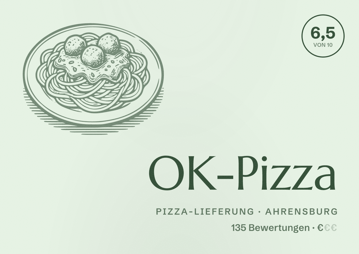Illustriertes Poster von OK-Pizza, Pizza-Lieferung in Ahrensburg: Bewertung 6,5 von 10 aus 135 Bewertungen, Preisniveau €
