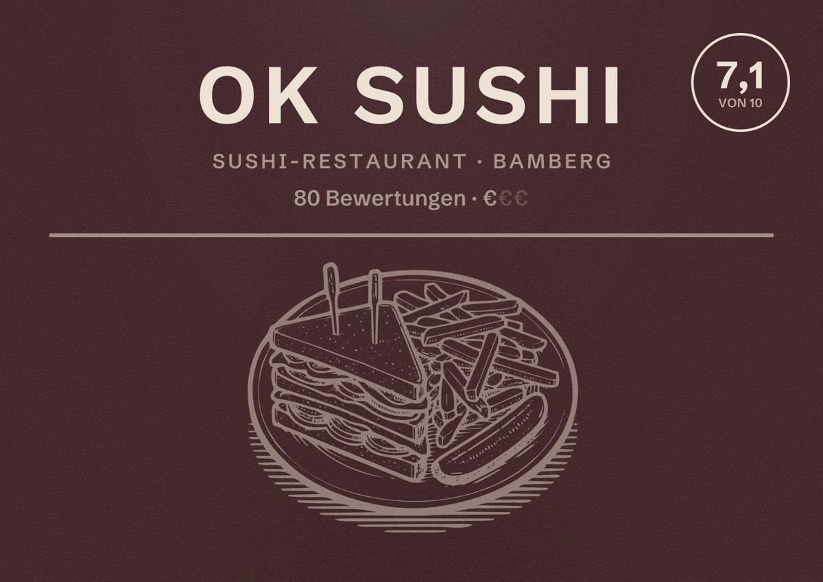 Illustriertes Poster von Ok Sushi, Sushi-Restaurant in Bamberg: Bewertung 7,1 von 10 aus 80 Bewertungen, Preisniveau €