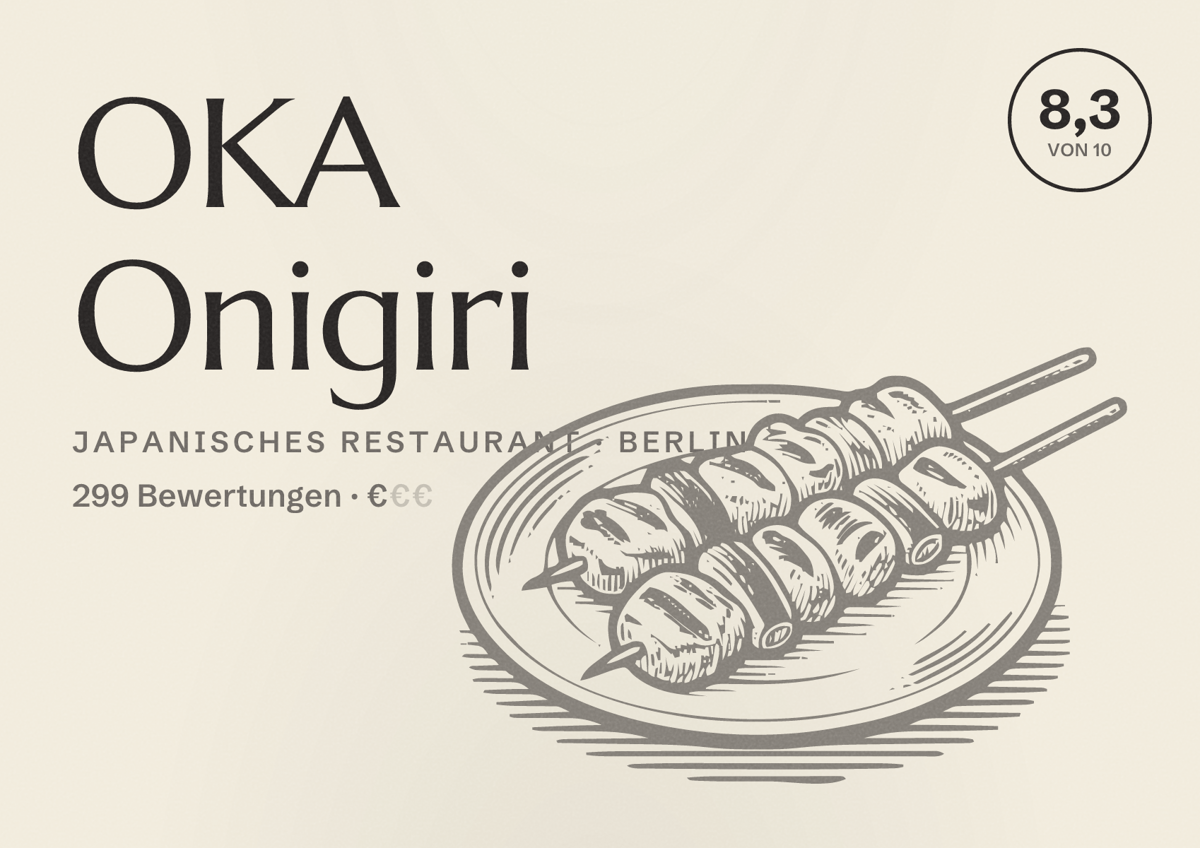 Illustriertes Poster von OKA Onigiri, Japanisches Restaurant in Berlin: Bewertung 8,3 von 10 aus 299 Bewertungen, Preisniveau €