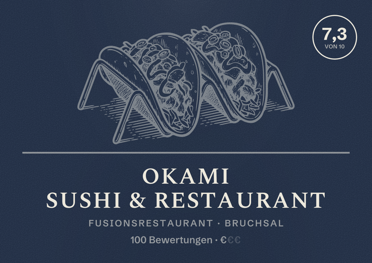 Illustriertes Poster von Okami Sushi & Restaurant, Fusionsrestaurant in Bruchsal: Bewertung 7,3 von 10 aus 100 Bewertungen, Preisniveau €
