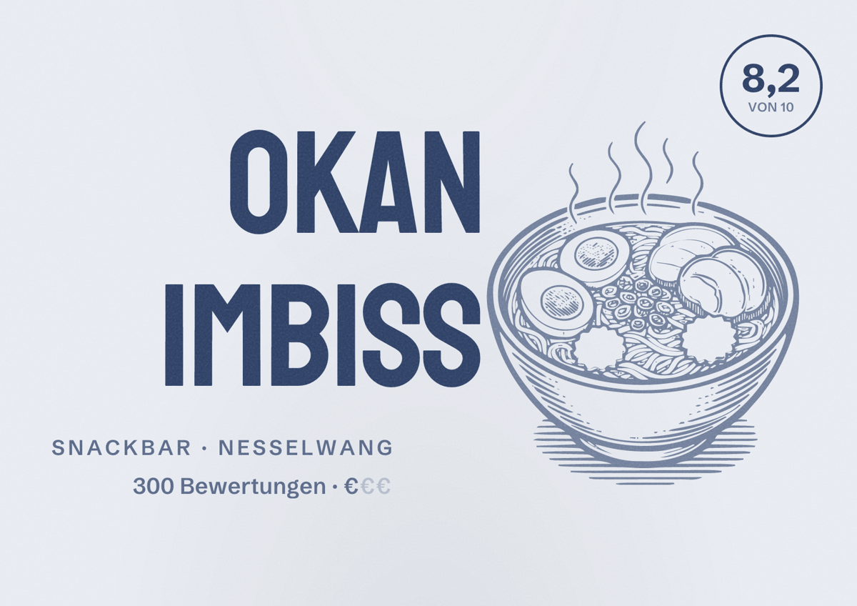 Illustriertes Poster von Okan Imbiss, Snackbar in Nesselwang: Bewertung 8,2 von 10 aus 300 Bewertungen, Preisniveau €