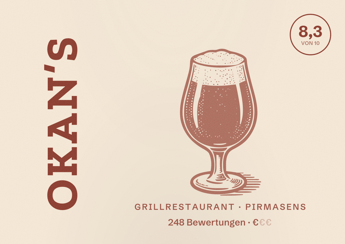 Illustriertes Poster von OKAN’S, Grillrestaurant in Pirmasens: Bewertung 8,3 von 10 aus 248 Bewertungen, Preisniveau €