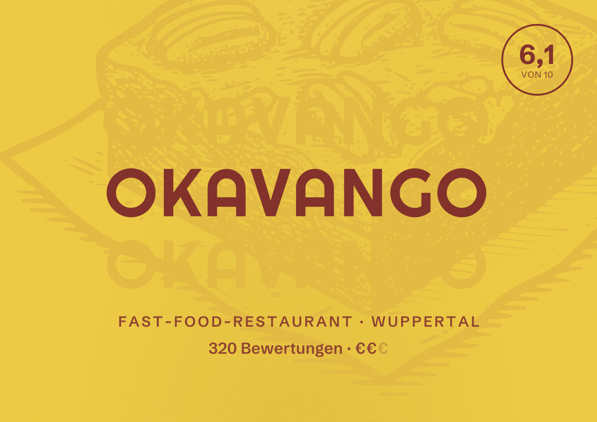 Illustriertes Poster von Okavango, Fast-Food-Restaurant in Wuppertal: Bewertung 6,1 von 10 aus 320 Bewertungen, Preisniveau €€