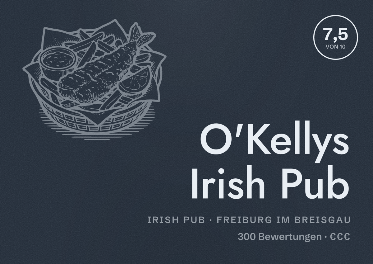 Illustriertes Poster von O'Kellys Irish Pub, Irish Pub in Freiburg im Breisgau: Bewertung 7,5 von 10 aus 300 Bewertungen, Preisniveau €€€