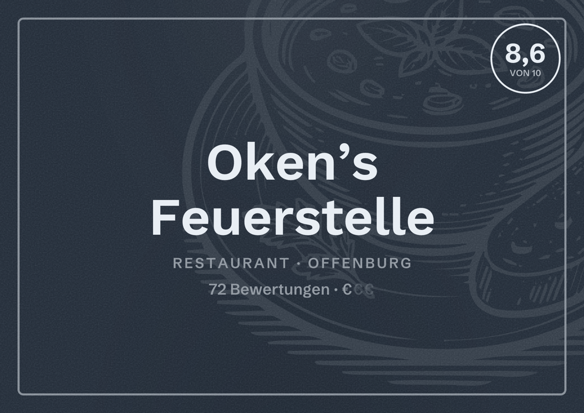 Illustriertes Poster von Oken’s Feuerstelle, Restaurant in Offenburg: Bewertung 8,6 von 10 aus 72 Bewertungen, Preisniveau €