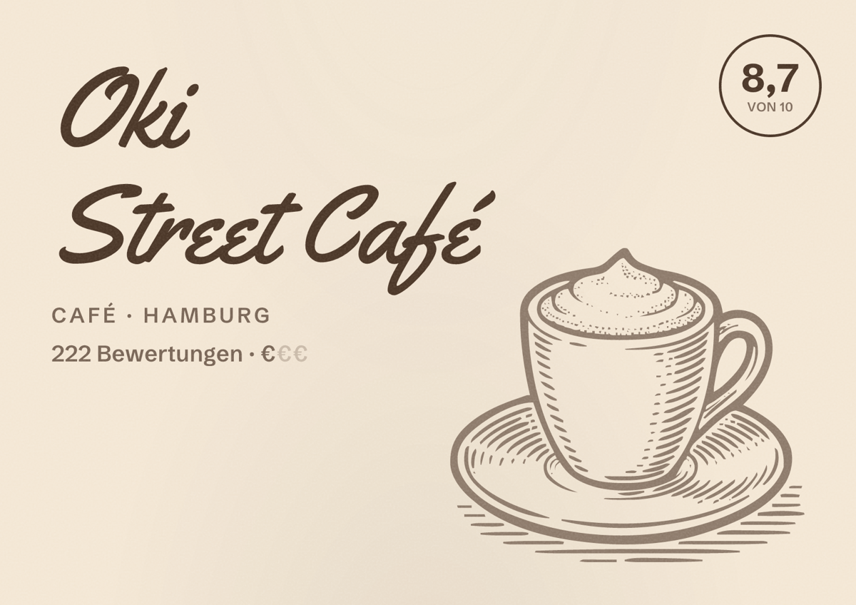 Illustriertes Poster von Oki Street Café, Café in Hamburg: Bewertung 8,7 von 10 aus 222 Bewertungen, Preisniveau €