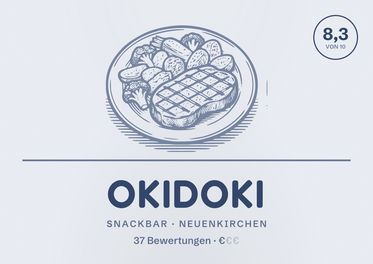 Illustriertes Poster von OkiDoki, Snackbar in Neuenkirchen: Bewertung 8,3 von 10 aus 37 Bewertungen, Preisniveau €