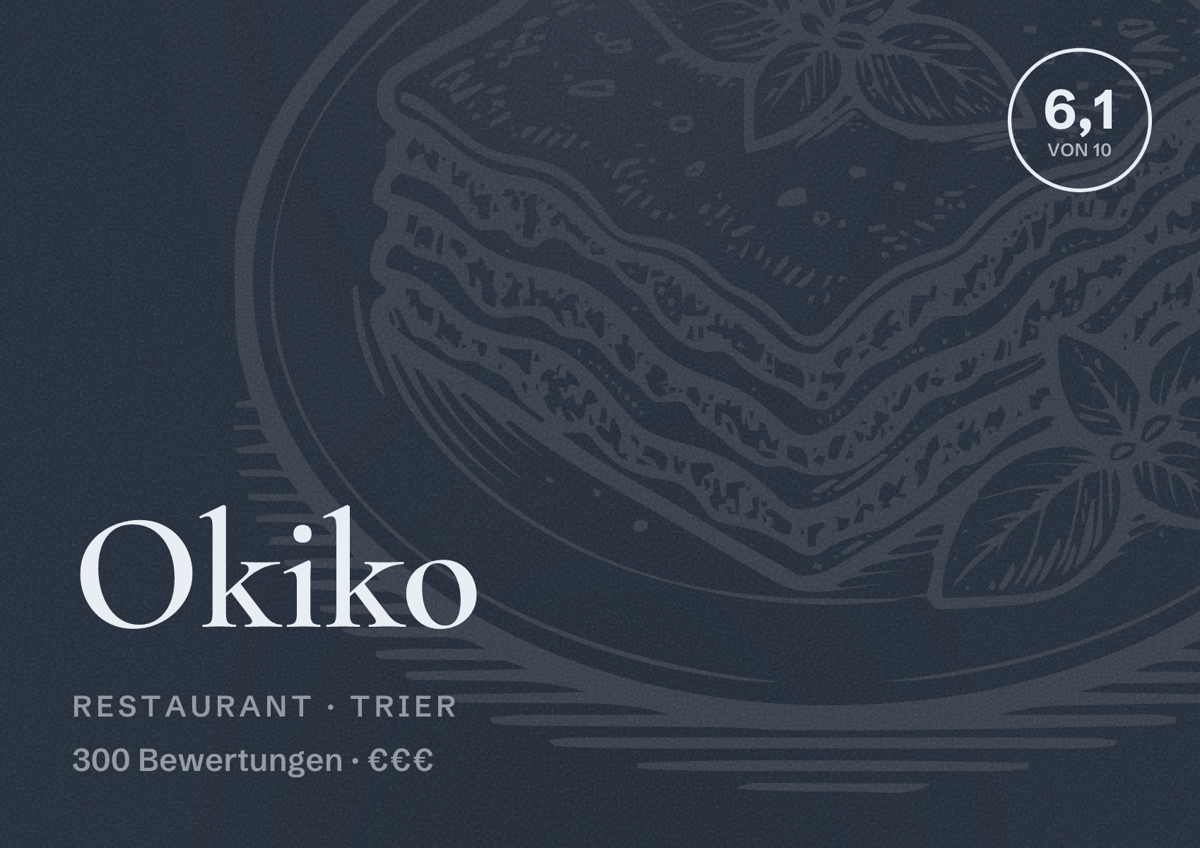 Illustriertes Poster von Okiko, Restaurant in Trier: Bewertung 6,1 von 10 aus 300 Bewertungen, Preisniveau €€€
