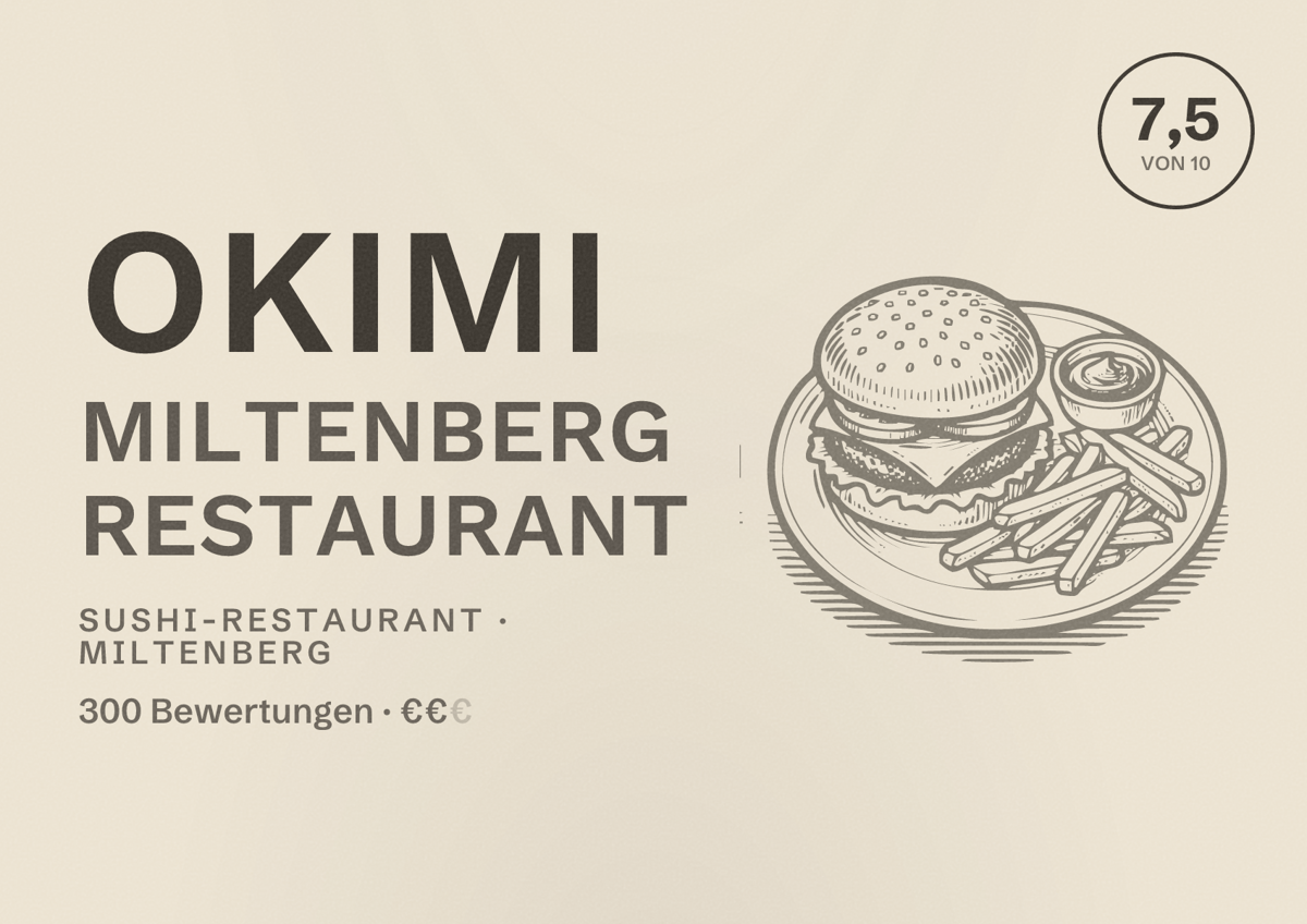 Illustriertes Poster von Okimi Miltenberg Restaurant, Sushi-Restaurant in Miltenberg: Bewertung 7,5 von 10 aus 300 Bewertungen, Preisniveau €€