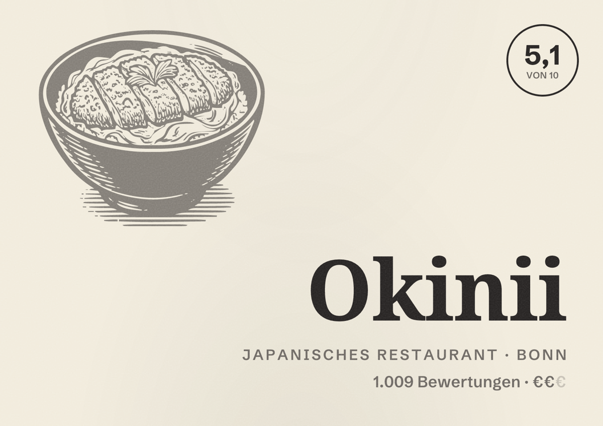 Illustriertes Poster von Okinii, Japanisches Restaurant in Bonn: Bewertung 5,1 von 10 aus 1.009 Bewertungen, Preisniveau €€
