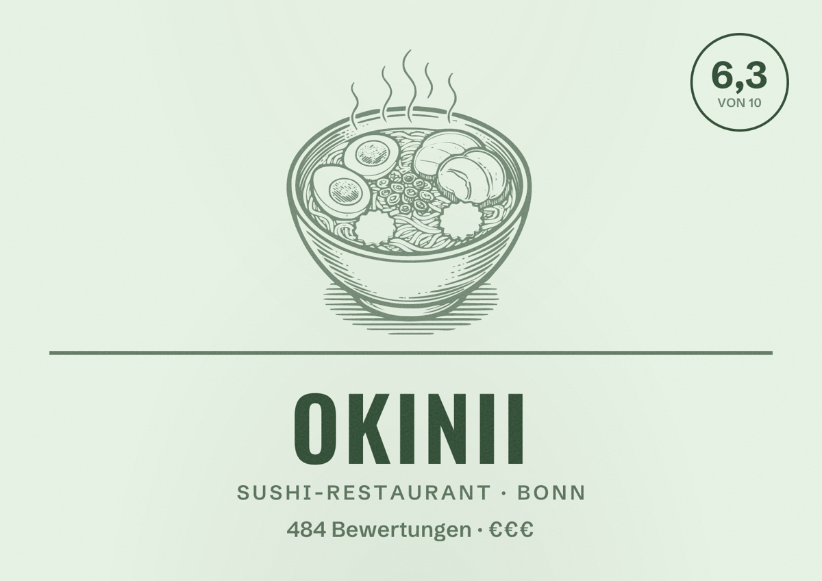 Illustriertes Poster von Okinii, Sushi-Restaurant in Bonn: Bewertung 6,3 von 10 aus 484 Bewertungen, Preisniveau €€€