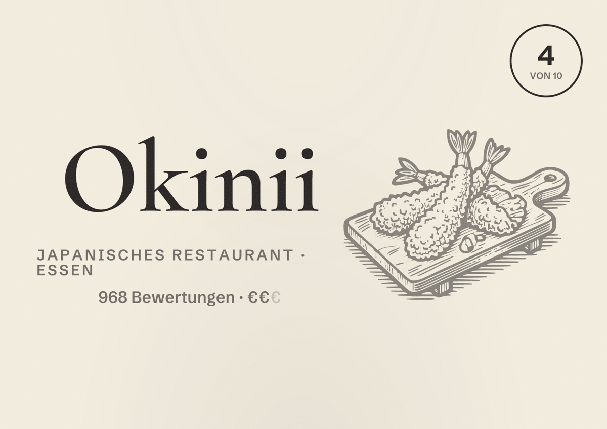 Illustriertes Poster von Okinii, Japanisches Restaurant in Essen: Bewertung 4 von 10 aus 968 Bewertungen, Preisniveau €€