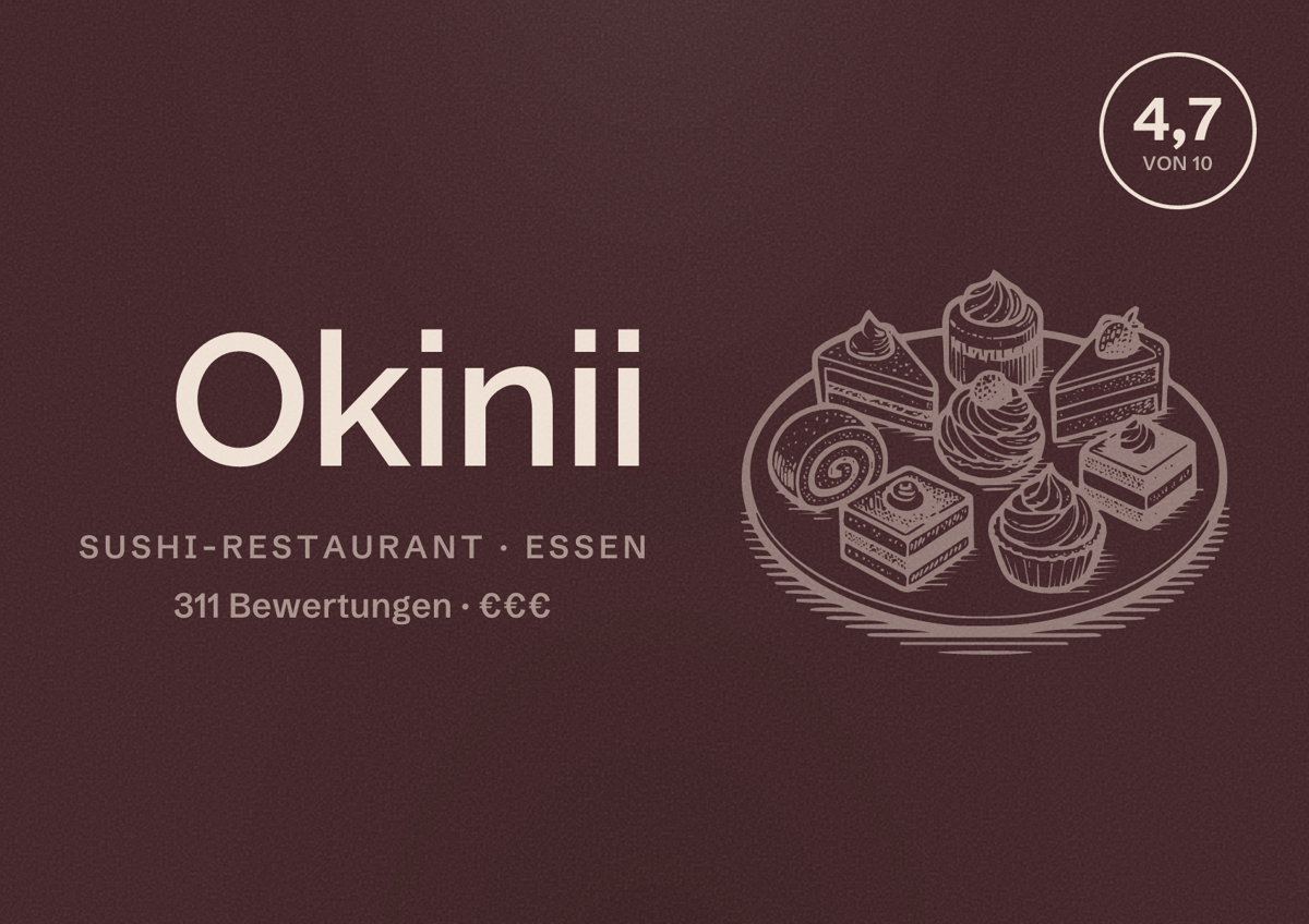 Illustriertes Poster von Okinii, Sushi-Restaurant in Essen: Bewertung 4,7 von 10 aus 311 Bewertungen, Preisniveau €€€