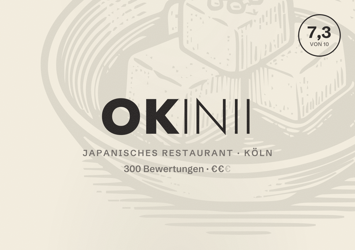 Illustriertes Poster von Okinii, Japanisches Restaurant in Köln: Bewertung 7,3 von 10 aus 300 Bewertungen, Preisniveau €€