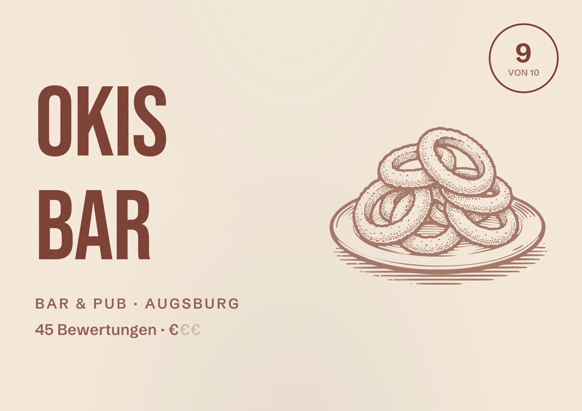 Illustriertes Poster von Okis Bar, Bar & Pub in Augsburg: Bewertung 9,0 von 10 aus 45 Bewertungen, Preisniveau €