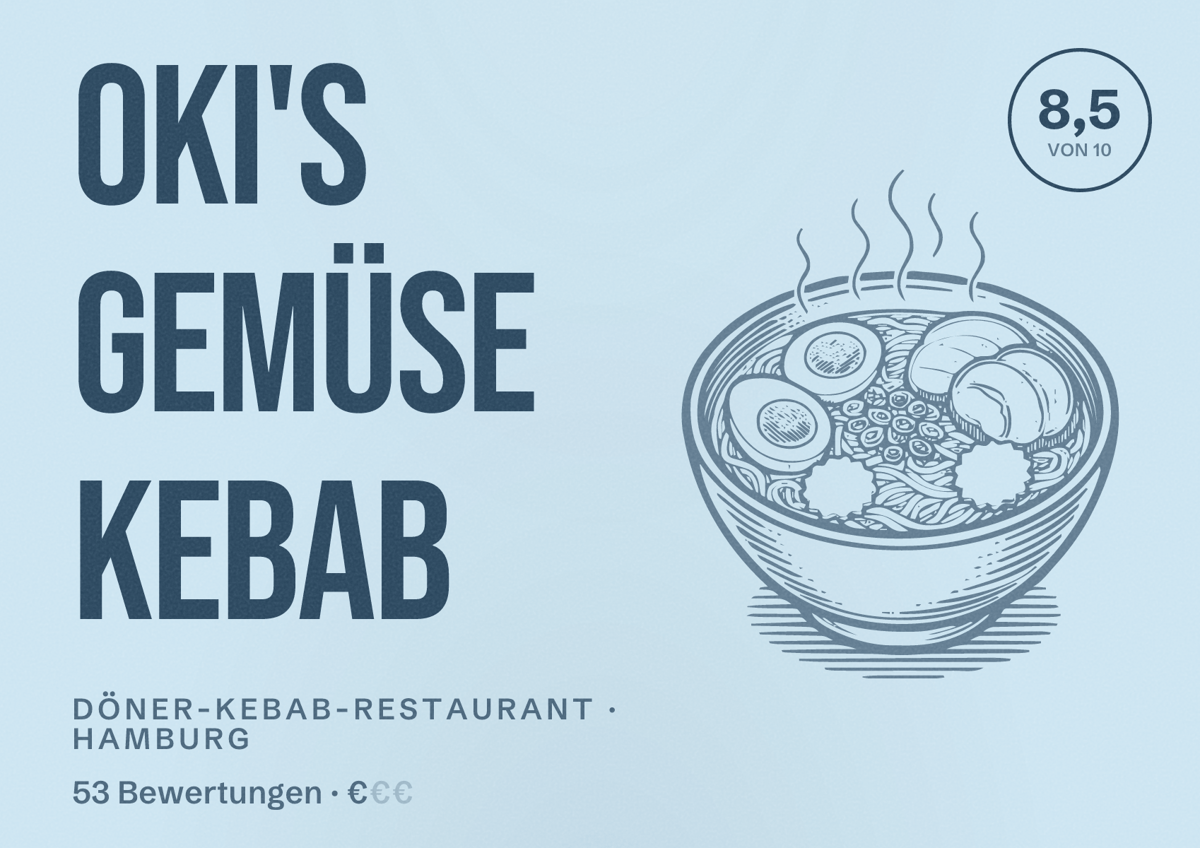 Illustriertes Poster von Oki's Gemüse Kebab, Döner-Kebab-Restaurant in Hamburg: Bewertung 8,5 von 10 aus 53 Bewertungen, Preisniveau €
