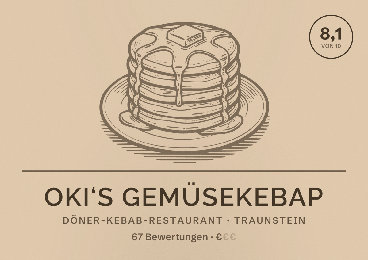 Illustriertes Poster von Oki‘s Gemüsekebap, Döner-Kebab-Restaurant in Traunstein: Bewertung 8,1 von 10 aus 67 Bewertungen, Preisniveau €