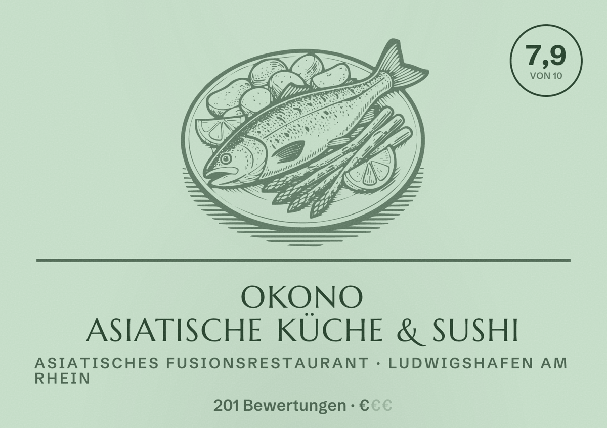 Illustriertes Poster von OKONO Asiatische Küche & Sushi, Asiatisches Fusionsrestaurant in Ludwigshafen am Rhein: Bewertung 7,9 von 10 aus 201 Bewertungen, Preisniveau €