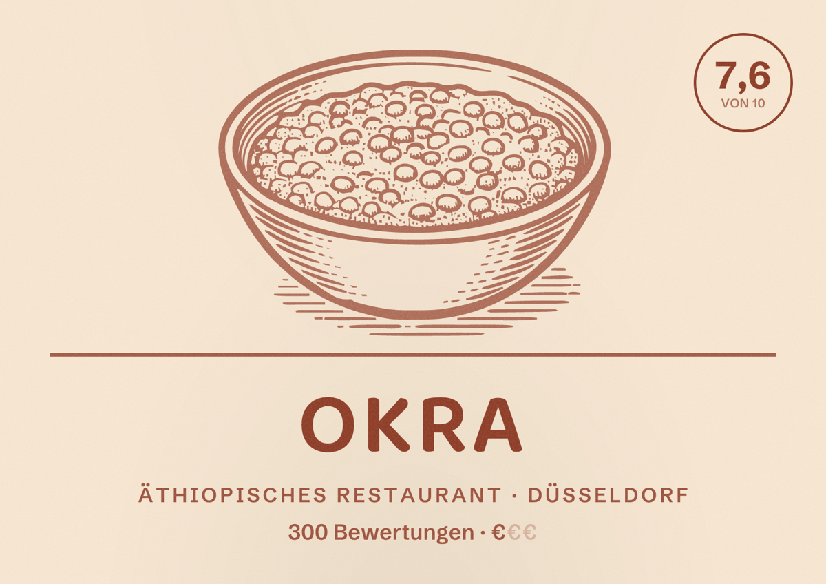 Illustriertes Poster von Okra, Äthiopisches Restaurant in Düsseldorf: Bewertung 7,6 von 10 aus 300 Bewertungen, Preisniveau €