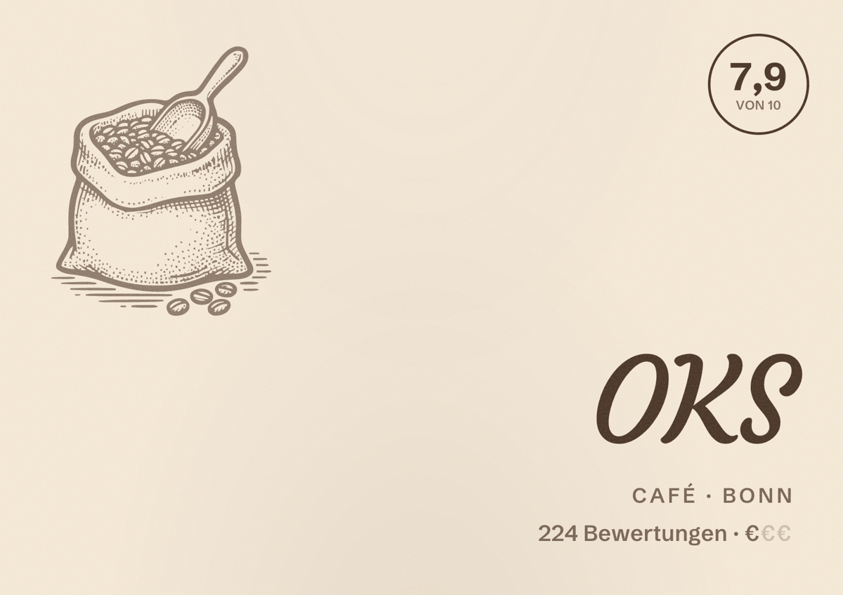 Illustriertes Poster von OKS, Café in Bonn: Bewertung 7,9 von 10 aus 224 Bewertungen, Preisniveau €