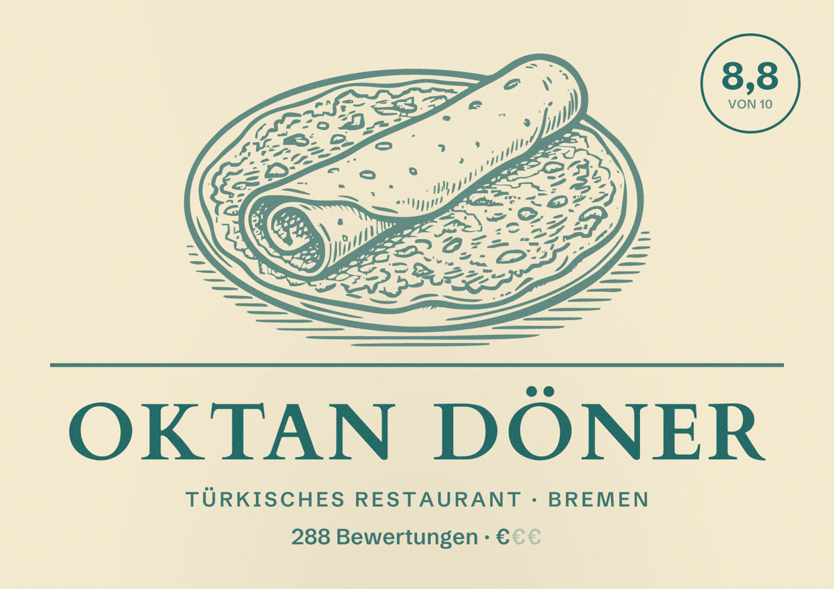 Illustriertes Poster von Oktan Döner, Türkisches Restaurant in Bremen: Bewertung 8,8 von 10 aus 288 Bewertungen, Preisniveau €