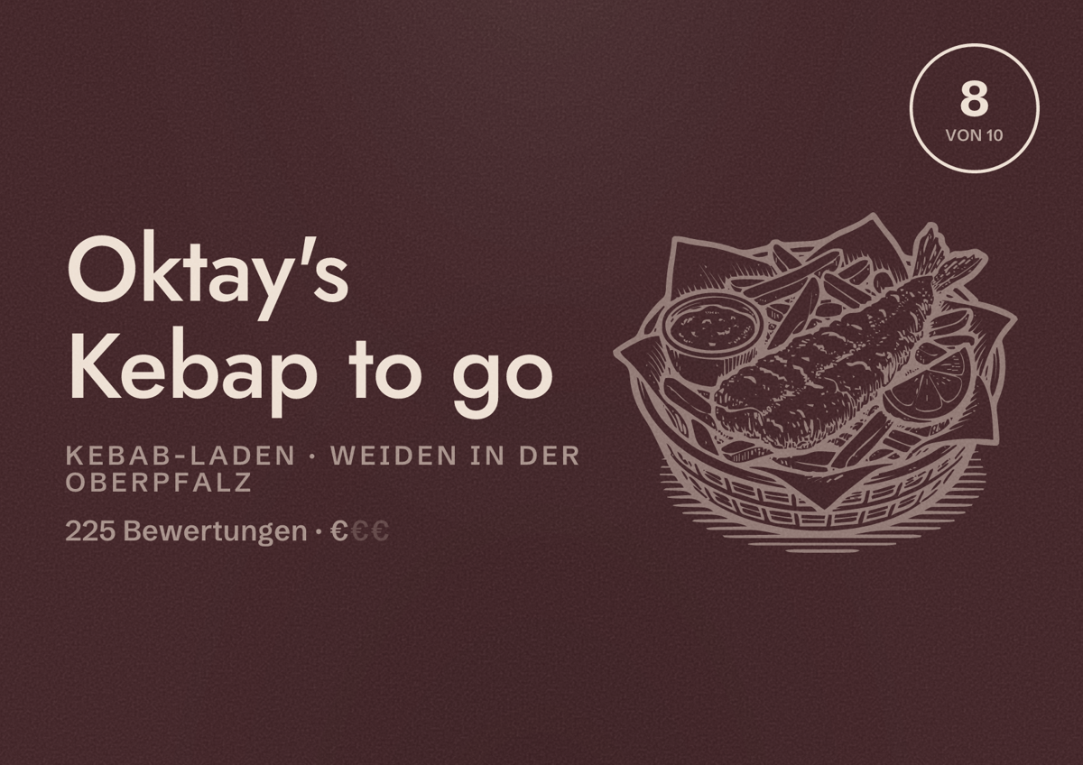 Illustriertes Poster von Oktay's Kebap to go, Kebab-Laden in Weiden in der Oberpfalz: Bewertung 8 von 10 aus 225 Bewertungen, Preisniveau €