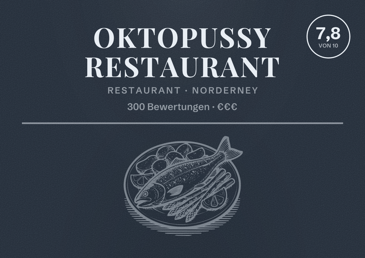 Illustriertes Poster von Oktopussy Restaurant, Restaurant in Norderney: Bewertung 7,8 von 10 aus 300 Bewertungen, Preisniveau €€€