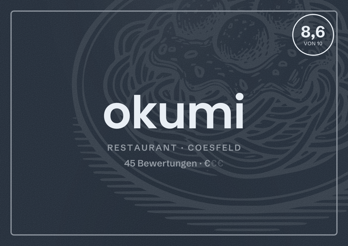Illustriertes Poster von okumi, Restaurant in Coesfeld: Bewertung 8,6 von 10 aus 45 Bewertungen, Preisniveau €