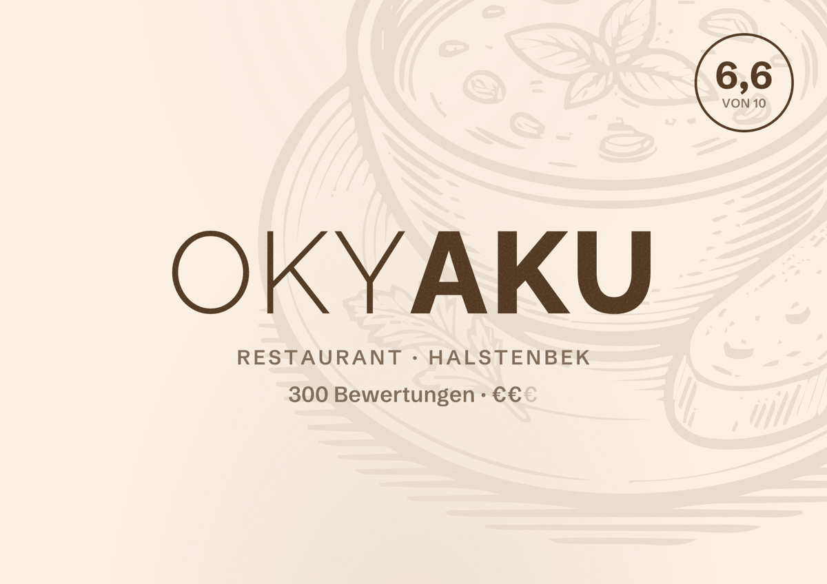 Illustriertes Poster von Okyaku, Restaurant in Halstenbek: Bewertung 6,6 von 10 aus 300 Bewertungen, Preisniveau €€