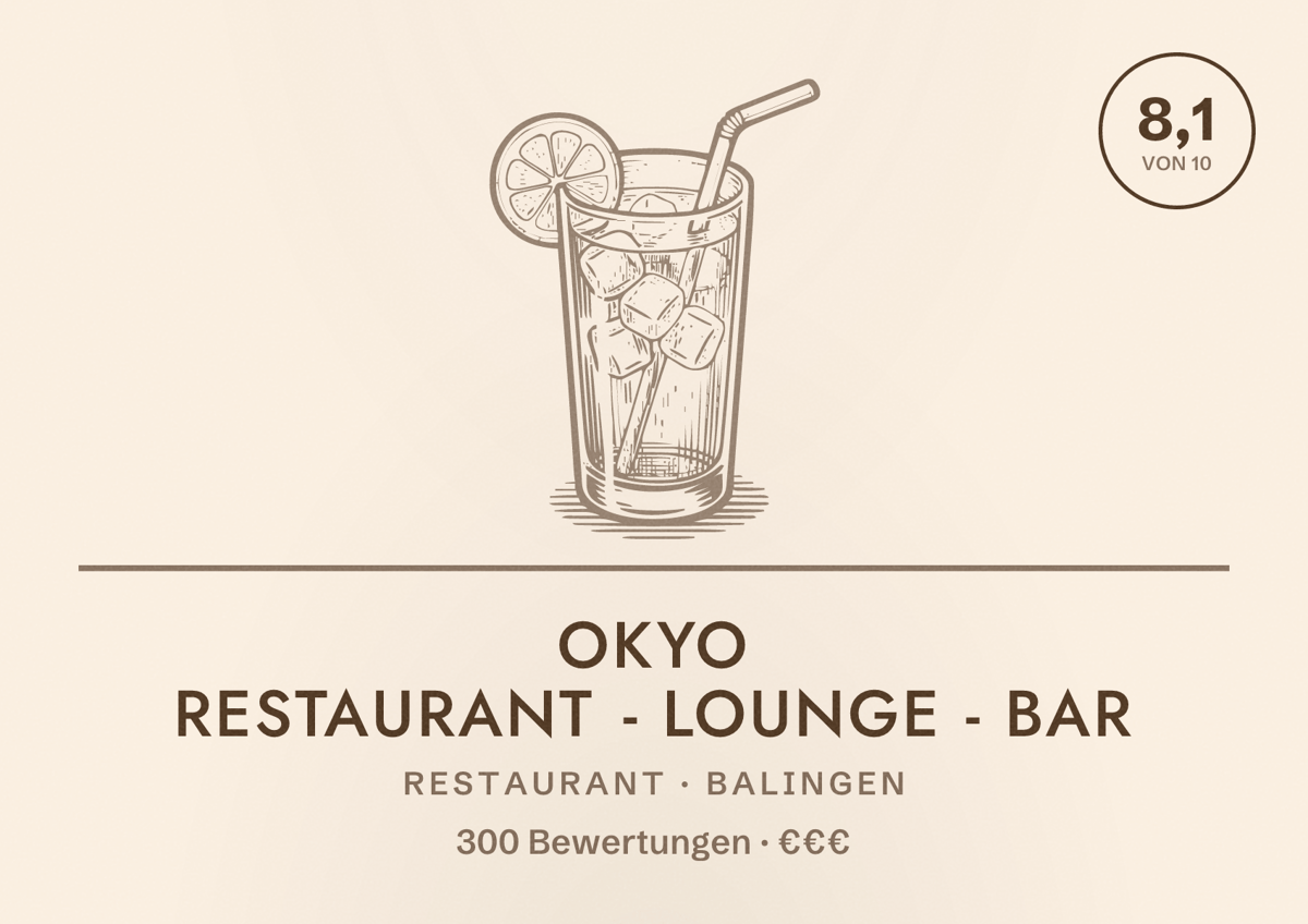 Illustriertes Poster von OKYO Restaurant - Lounge - Bar, Restaurant in Balingen: Bewertung 8,1 von 10 aus 300 Bewertungen, Preisniveau €€€