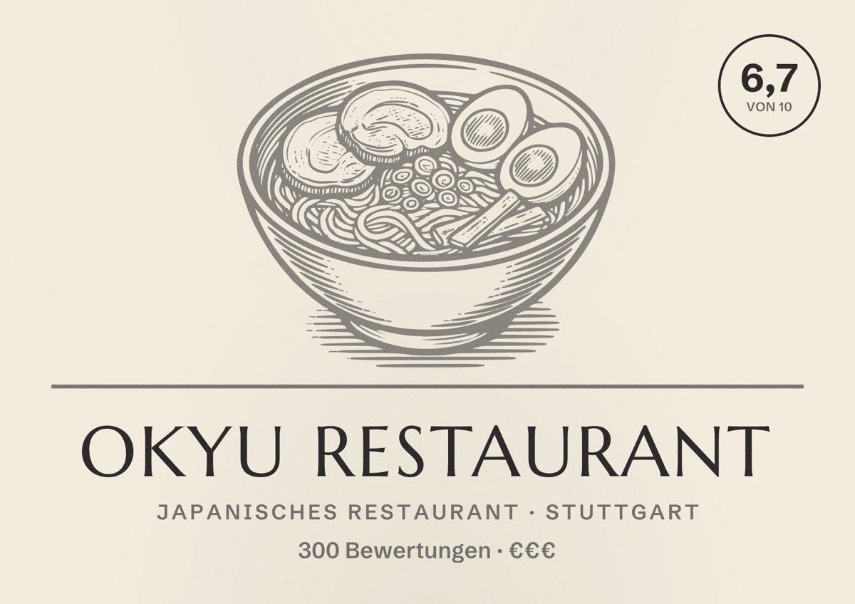 Illustriertes Poster von Okyu Restaurant, Japanisches Restaurant in Stuttgart: Bewertung 6,7 von 10 aus 300 Bewertungen, Preisniveau €€€