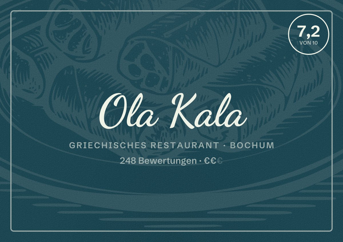 Illustriertes Poster von Ola Kala, Griechisches Restaurant in Bochum: Bewertung 7,2 von 10 aus 248 Bewertungen, Preisniveau €€